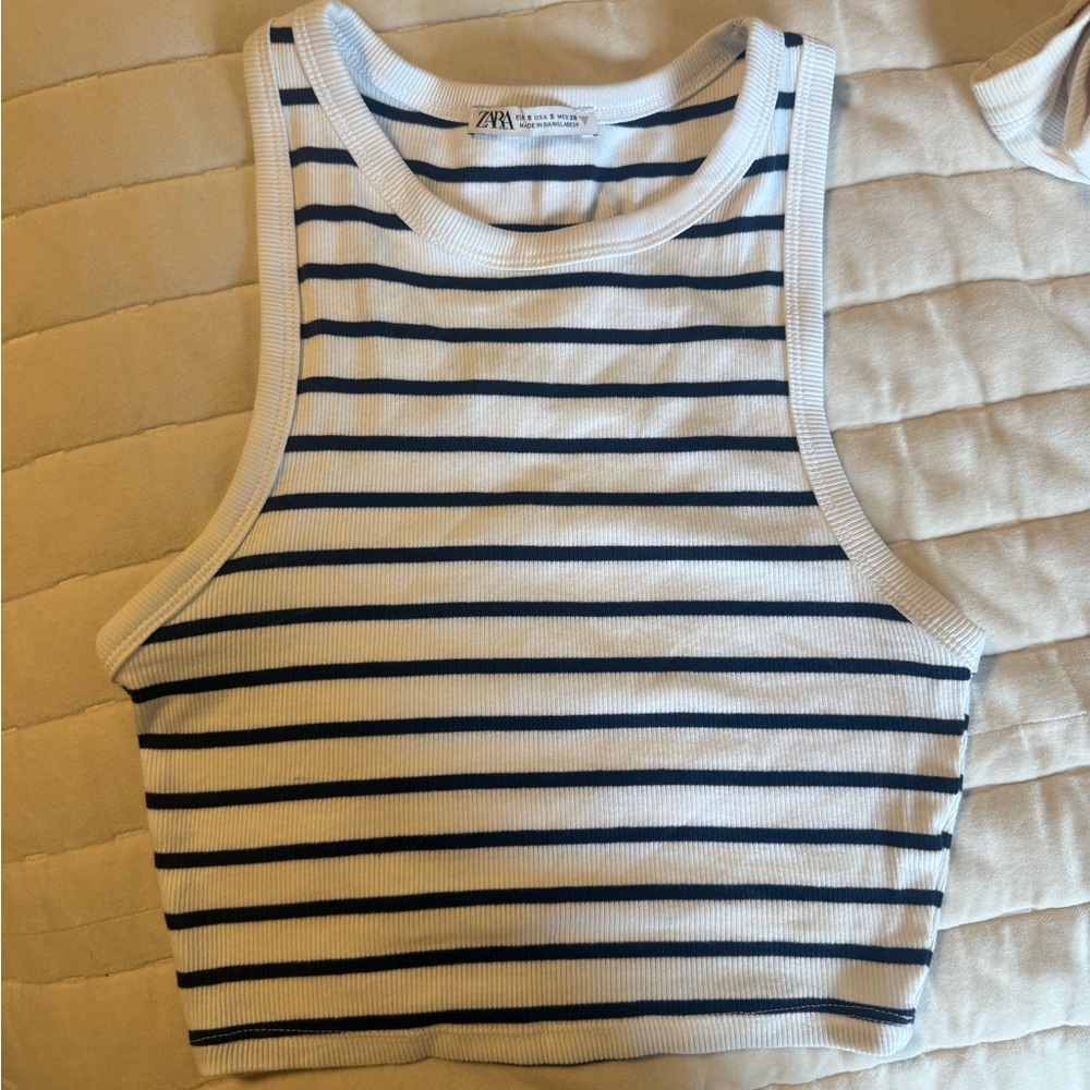 Zara Women's Navy and White Striped Tank Top